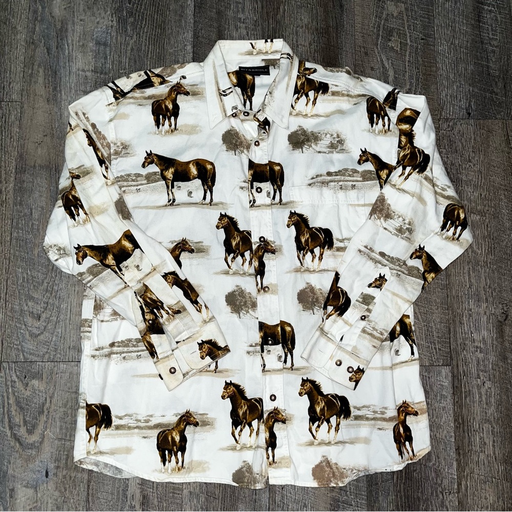 Bit And Bridle Mens‎ Button UpShirt Large Horses AOP Western Rodeo Cowboy